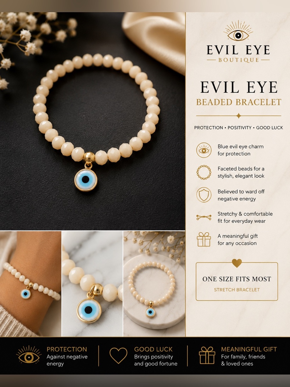 Evil Eye Beaded Bracelet - Cream Beads with Blue Charm